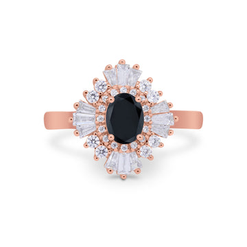 Vintage Oval Halo Wedding Ring Rose Tone, Simulated Black CZ 925 Sterling Silver